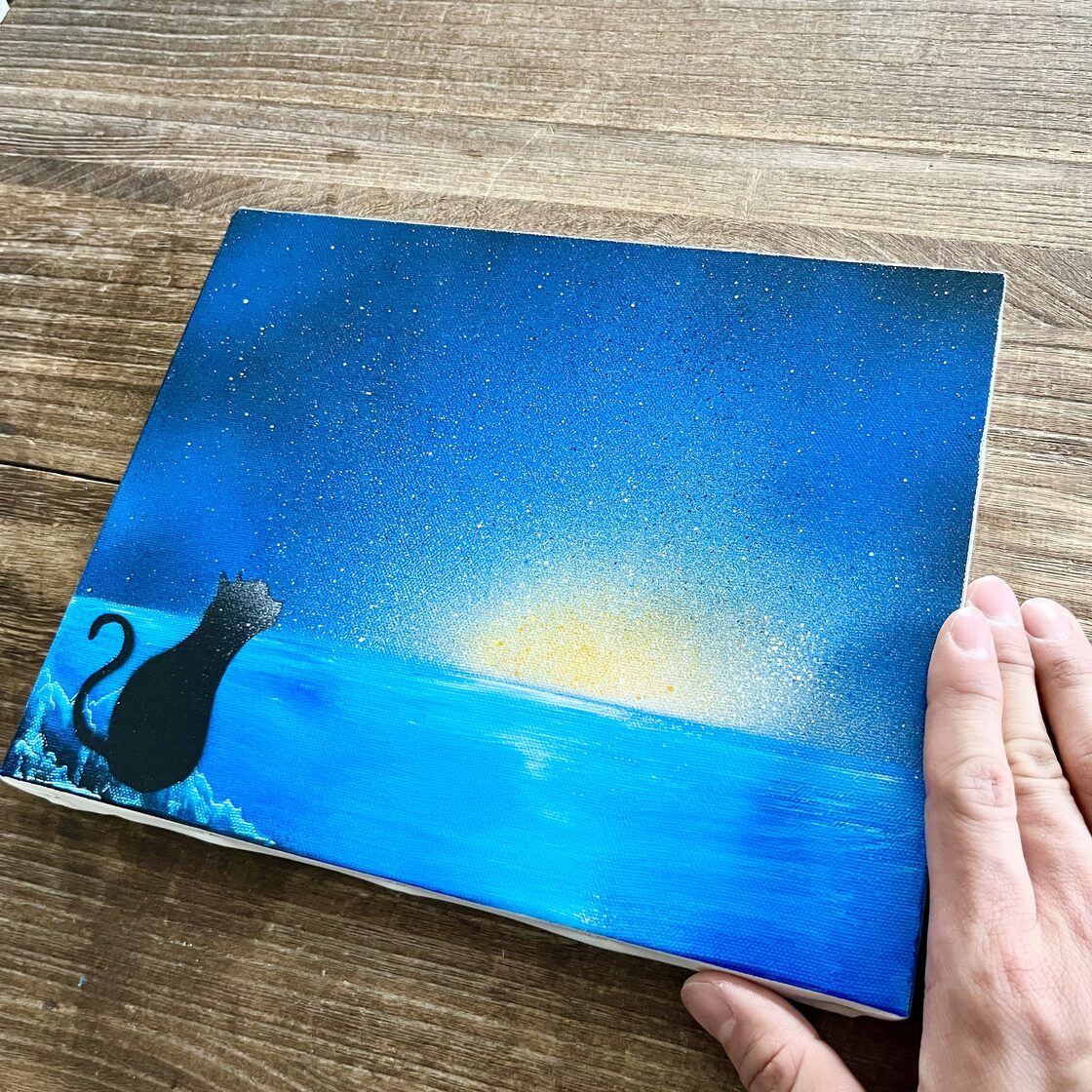 良い予感」 原画 朝焼け×海×黒猫 青 絵画 キャンバス 風景画 スプレー 