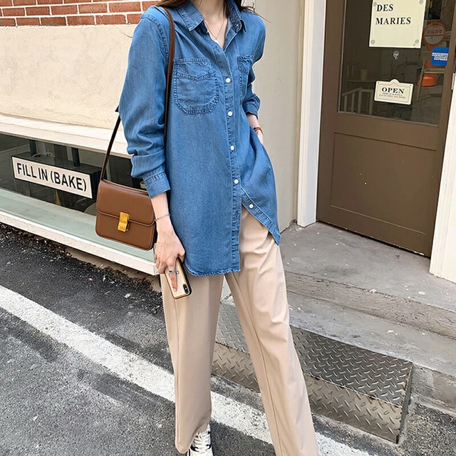 デニムシャツ レディース 大きいサイズ ロング ダンガリーシャツ デニム ブラウス ベーシック ウェスタン ウェスタンシャツ 大きいサイズ 長袖 綿 コットン ウォッシュタイプ トップス シャツ 羽織 しっかり素材 ブルー インディゴ M L Xl 春 春夏 Cocomomo Select