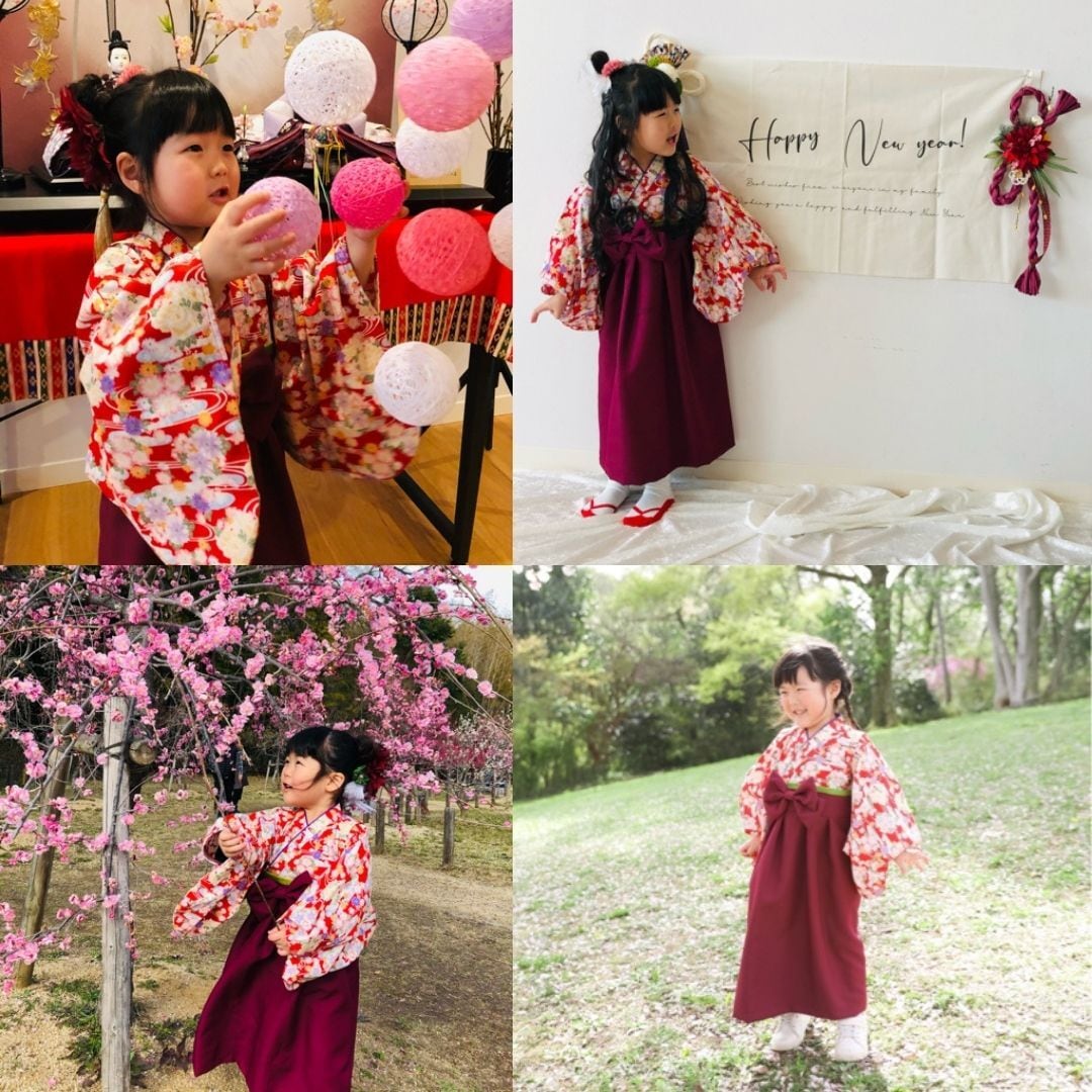 袴ワンピース【ふんわり桜×赤袴×薄紫襟×抹茶帯】ベビー袴・袴