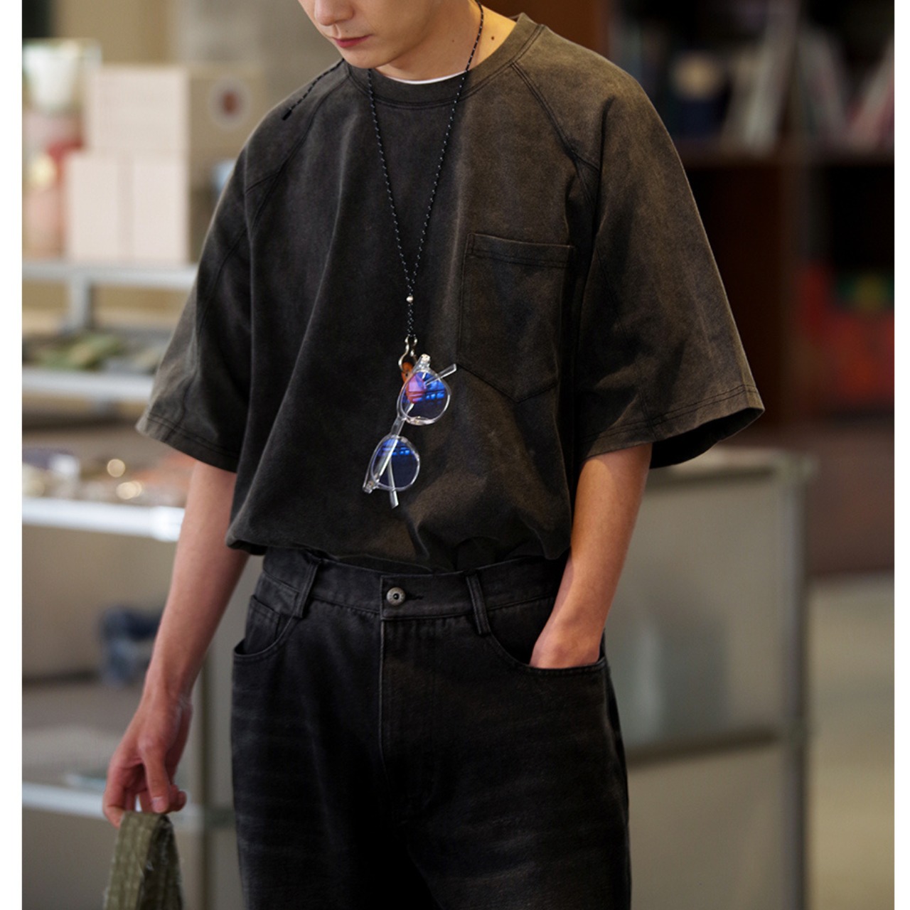 Washed black raglan pocket tee 0836 - 3