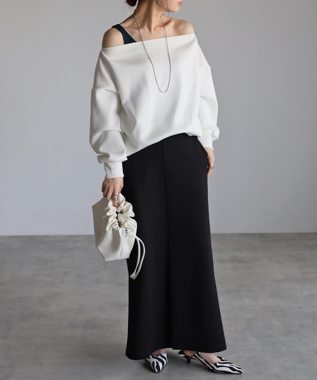 オフショルリブ袖カットソー