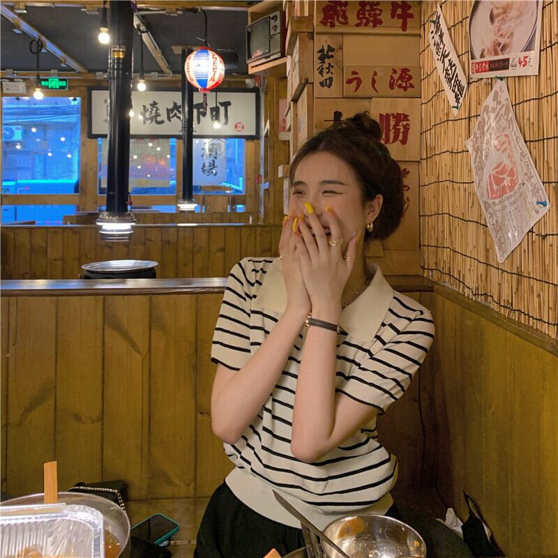 ストライプニットシャツ サマー薄手ルーズTシャツ プルオーバー トップス 夏物 クレセントシティ6221777215