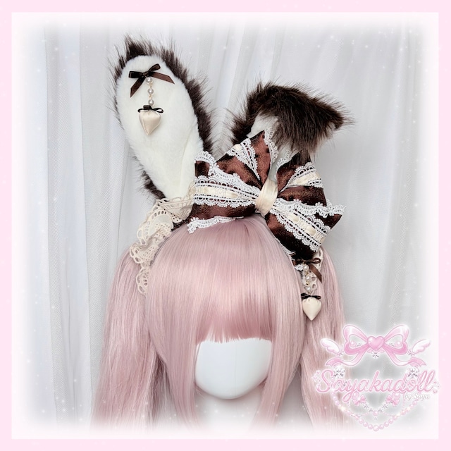 ♡【MAID】Strawberry ドット柄リボン 変幻自在うさみみフリルカチューシャ 3way chocolate×cream ♡ ♡【MAID】Strawberry ドット柄リボン 変幻自在うさみみフリルカチューシャ 3way chocolate×cream ♡