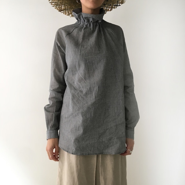 High neck gater blouse, "black  pin check" khadi cotton