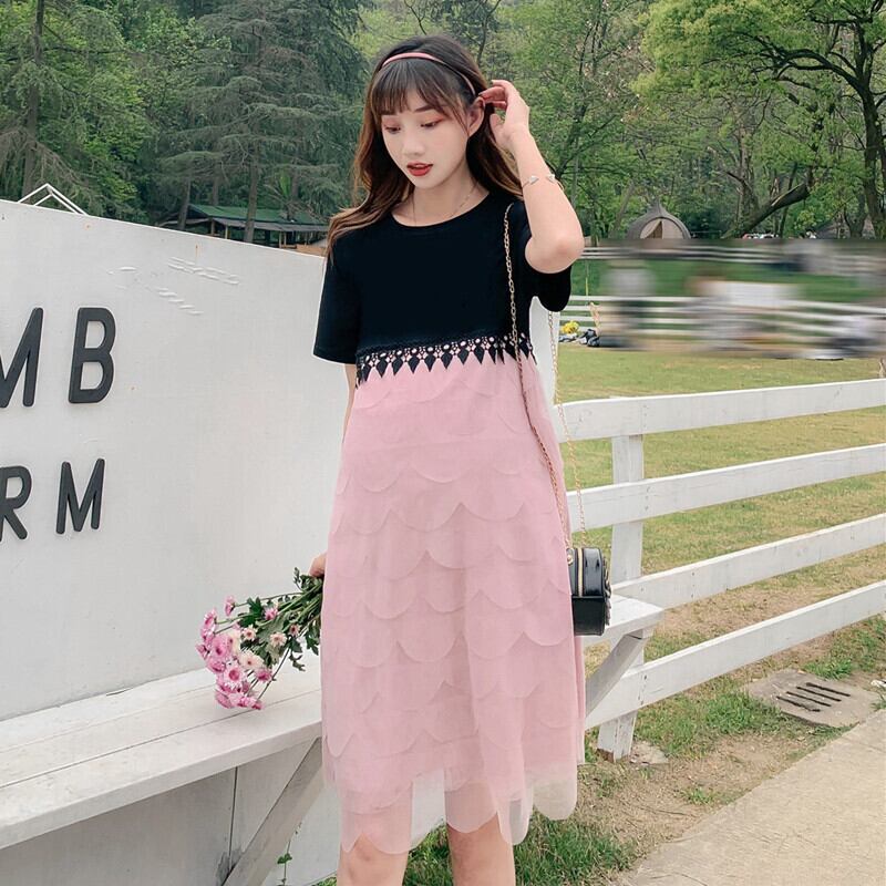 【新作】【送料無料】 マタニティウェア2020夏の新しいメッシュステッチの偽のツーピースドレス サマー 夏物 expec234066257013