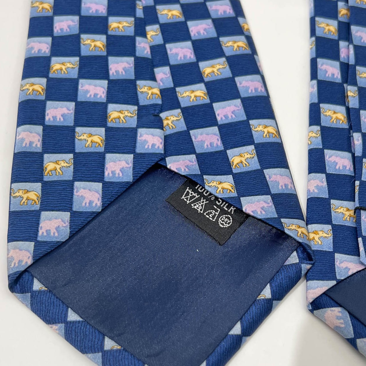 K.C. TIE SILK シルク100% 象柄 ブロックチェック 総柄 ネクタイ ブルー