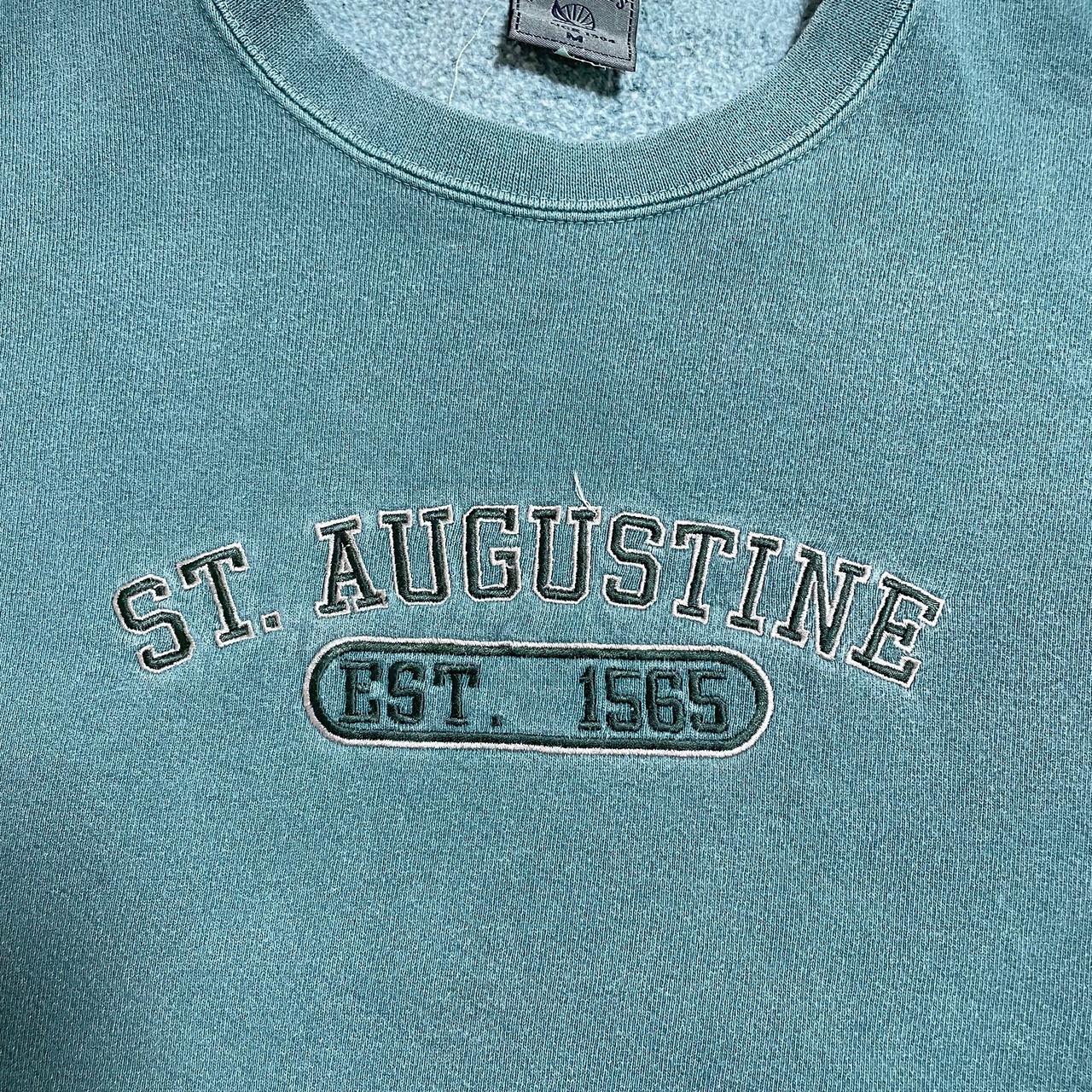 【LAKESHIRTS】USA素材 St. Augustine 刺繍 アーチロゴ スウェット トレーナー プルオーバー くすみカラー アースカラーくすみグリーン M US古着