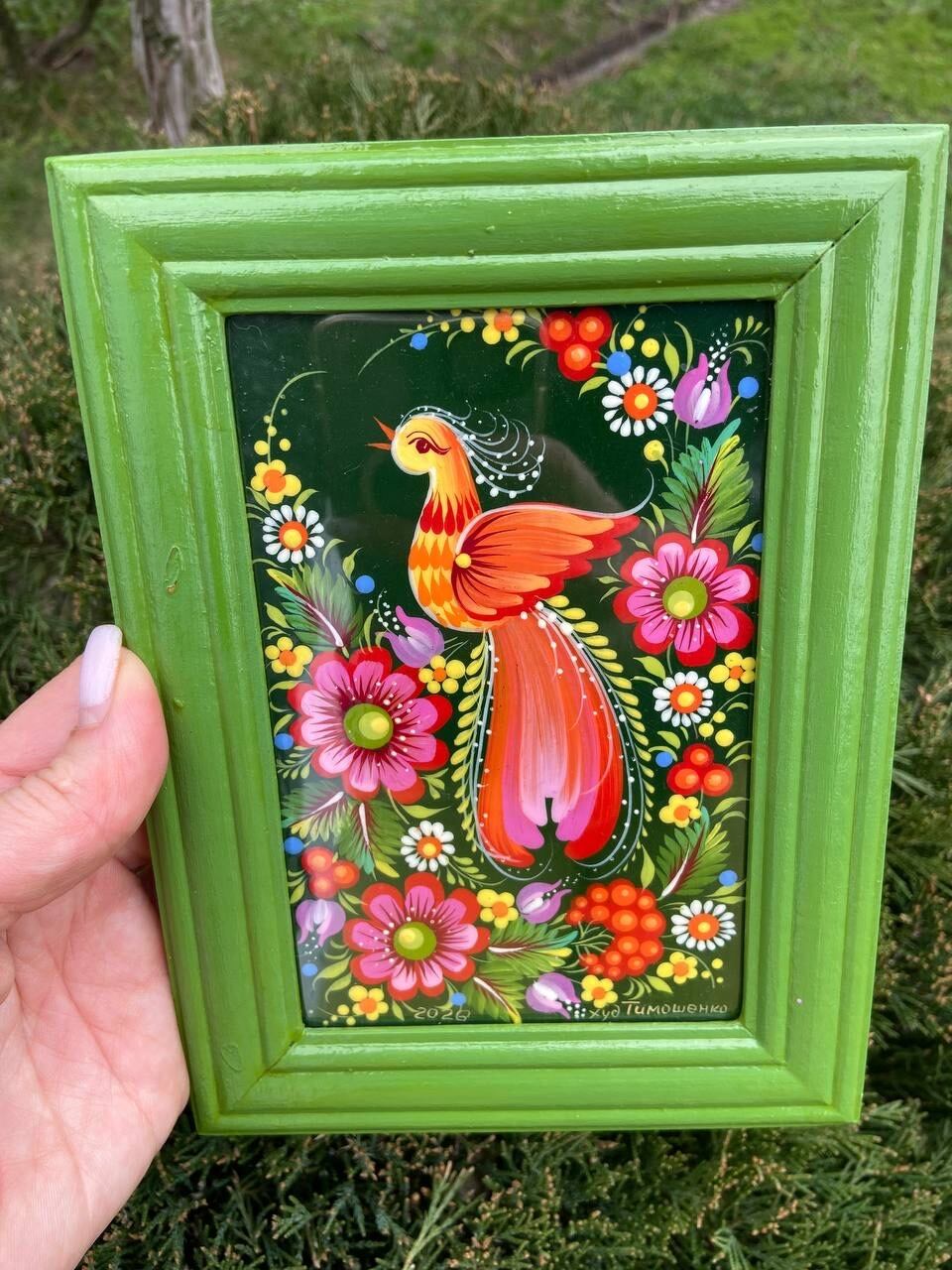 幸せの鳥】ペトリキフカ塗り 壁掛け手描きアートパネル