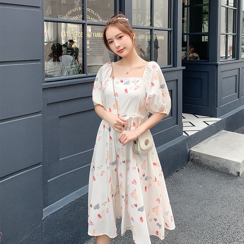 【新作】【送料無料】 マタニティウェア2020夏の新しい綿とリネンの愛のスクエアネックドレス小さな新鮮なミドル丈のドレス妊婦-アリババ コットン サマー 夏物 スクウェア expec218951322624