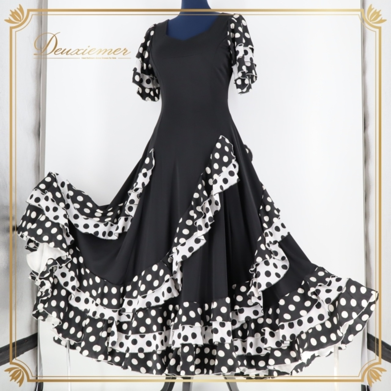 フラメンコ 衣装 ワンピース ドレス 黒 白 ドット 水玉 ボランテ フリル ダンス パーティ 発表会 ブラック系 ホワイト系 prima boutique プリマブティック フラメンコドレス レディース ステージ衣装 踊り おしゃれ 可愛い スカート フリル付き