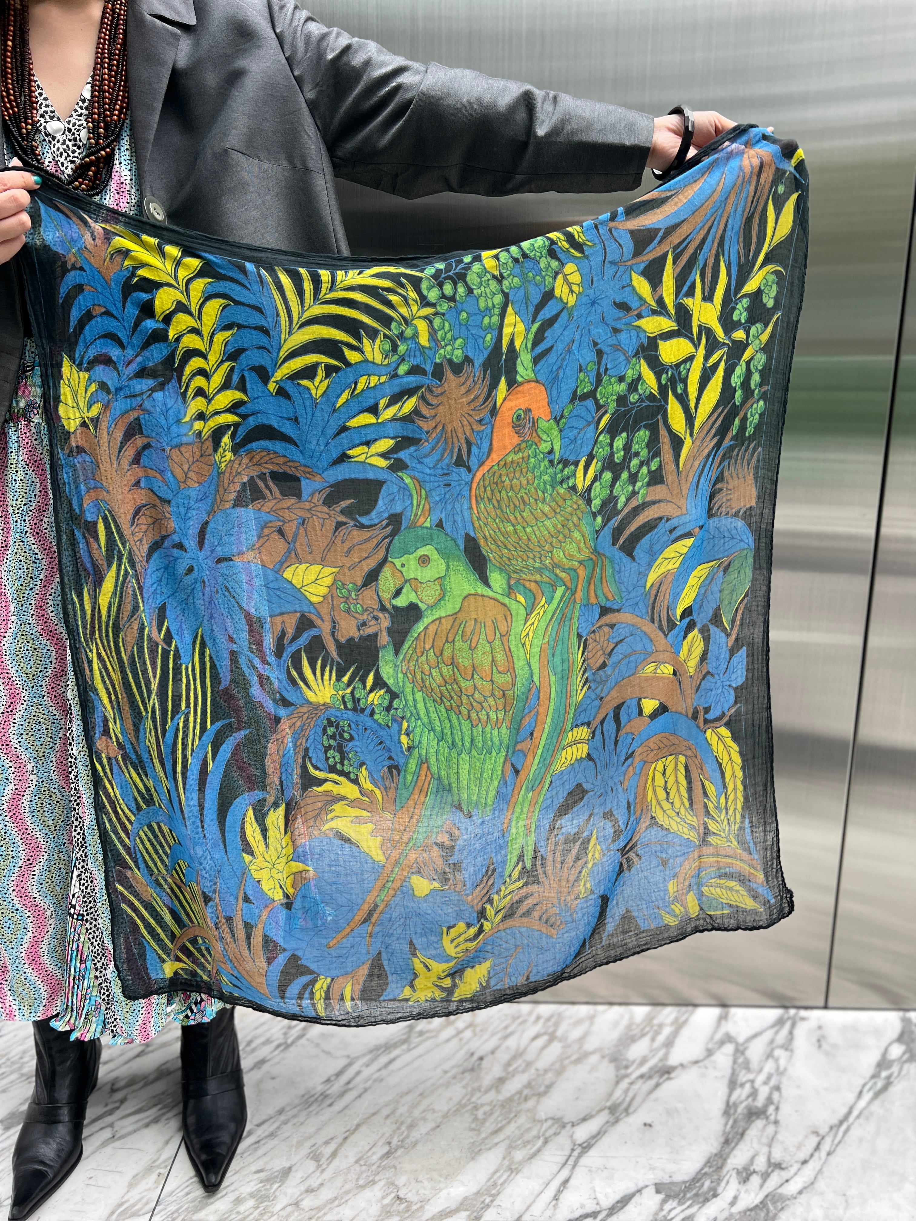 Vintage black bird tropical cotton scarf