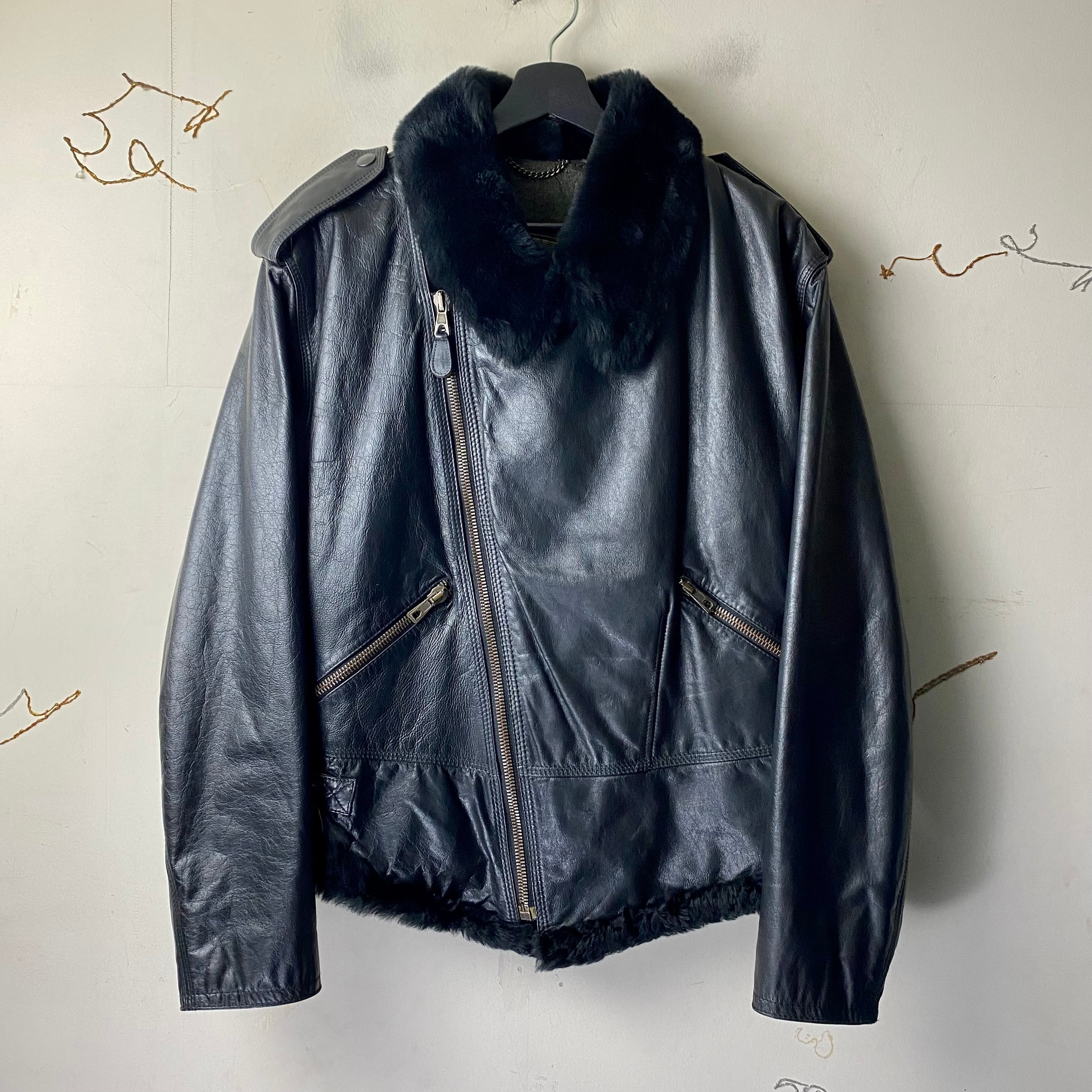 vintage EMPORIO ARMANI black leather riders jacket with fur | NOIR 