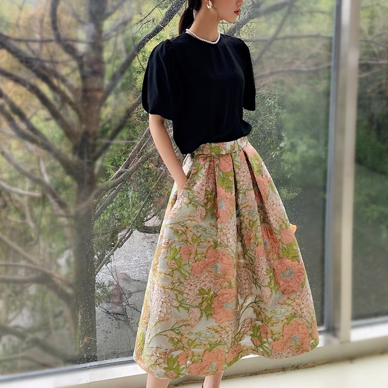 ハイウエスト花柄刺繍スカート A1091 | alliede