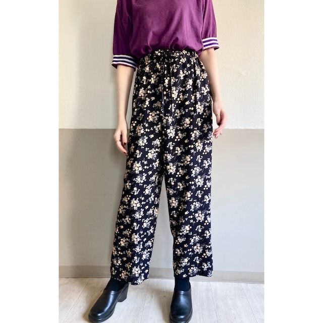 Black Botanical Rayon Pants