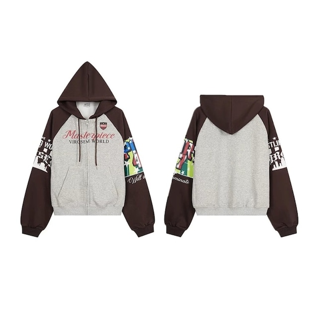 スリーブグラフィックカラーブロックジップアップパーカー 1col R02647