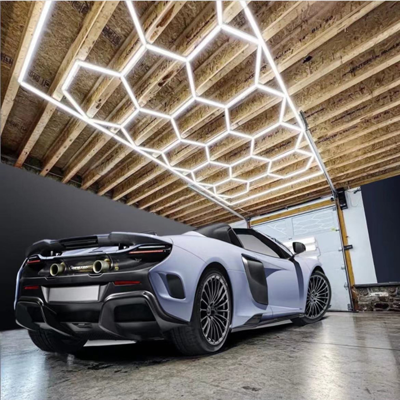 ハニカムLEDライト【フレーム付】六角形モジュール照明|ガレージ・店舗