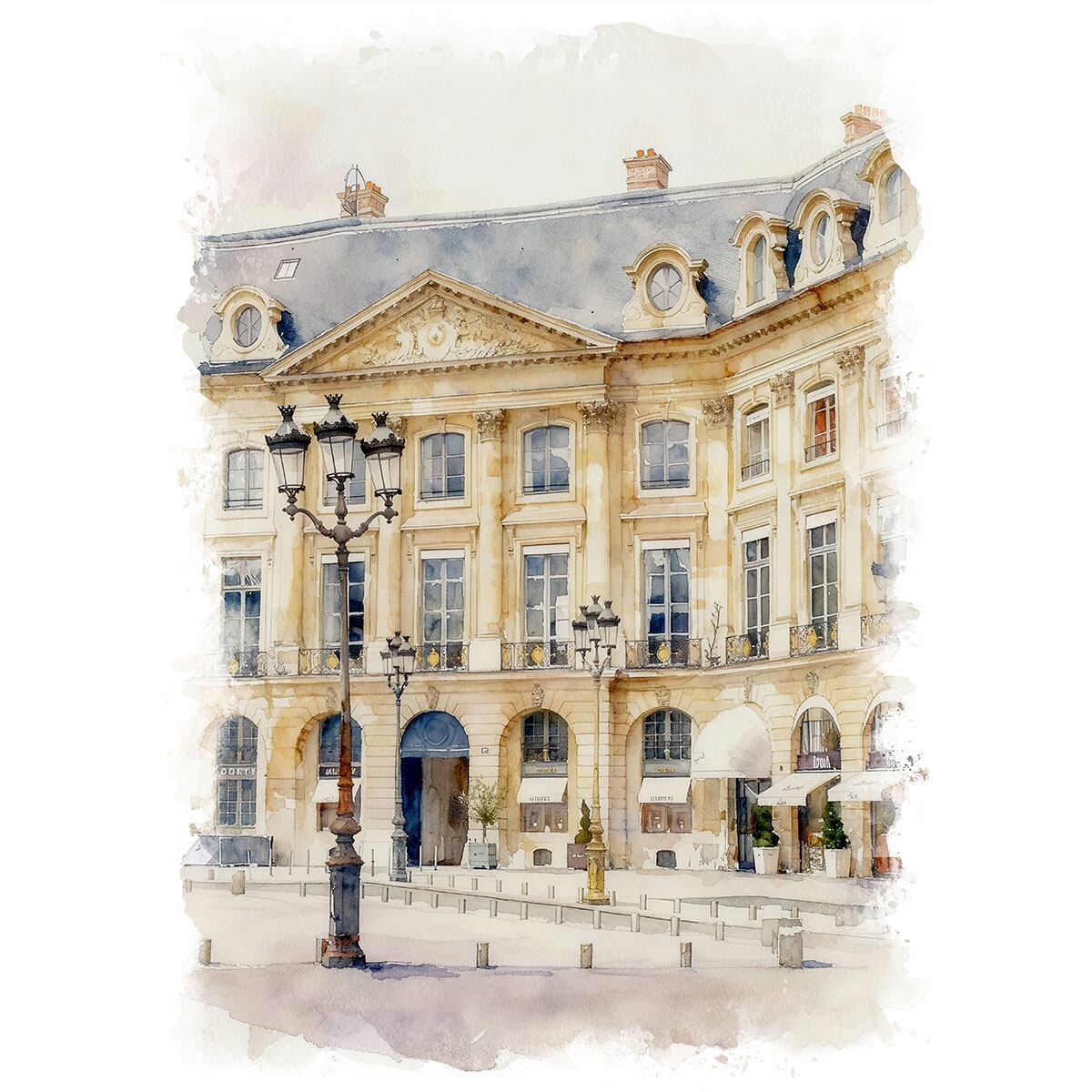 絵画 フランス パリ 風景画 ヴァンドーム広場 ホテル リッツ・パリ インテリアアート額付き 水彩画・油絵風 WAT1645