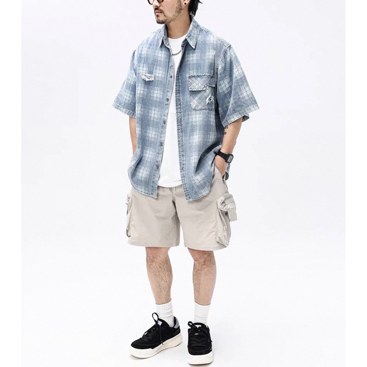 Distressed plaid denim work shirt 1436 - 4