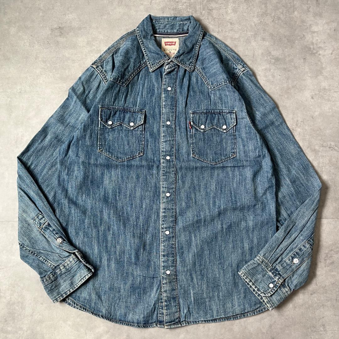 Levis リーバイス デニムシャツ 古着 Wポケット M 青 17239
