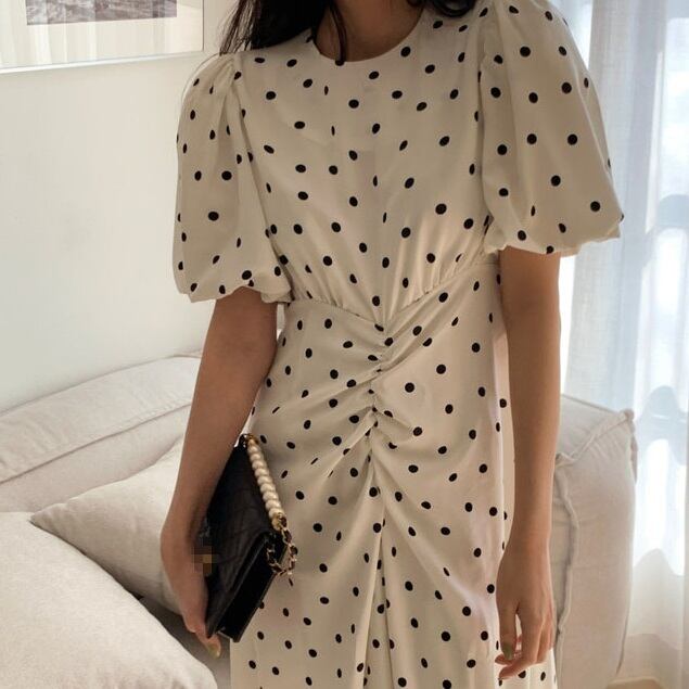 ワンピース ドット柄 レトロ ガーリー ミディアム丈 半袖 春夏 韓国ファッション 大人可愛い きれいめ カジュアル Luluca 韓国トレンドファッションluluca ルルカ