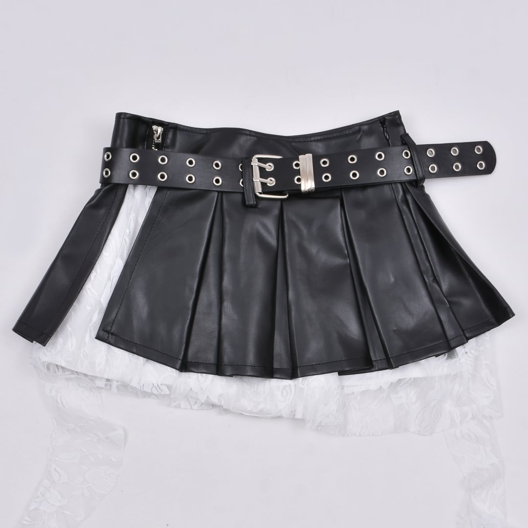 2点セット☆ベルト付き レースレイヤードレザースカート