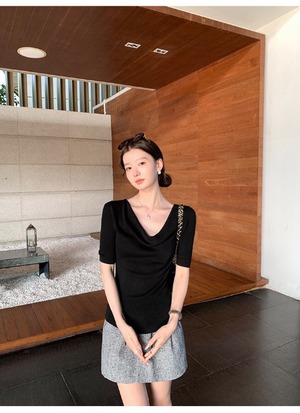 Drape Neck half Sleeve Rib Knit【H00071】
