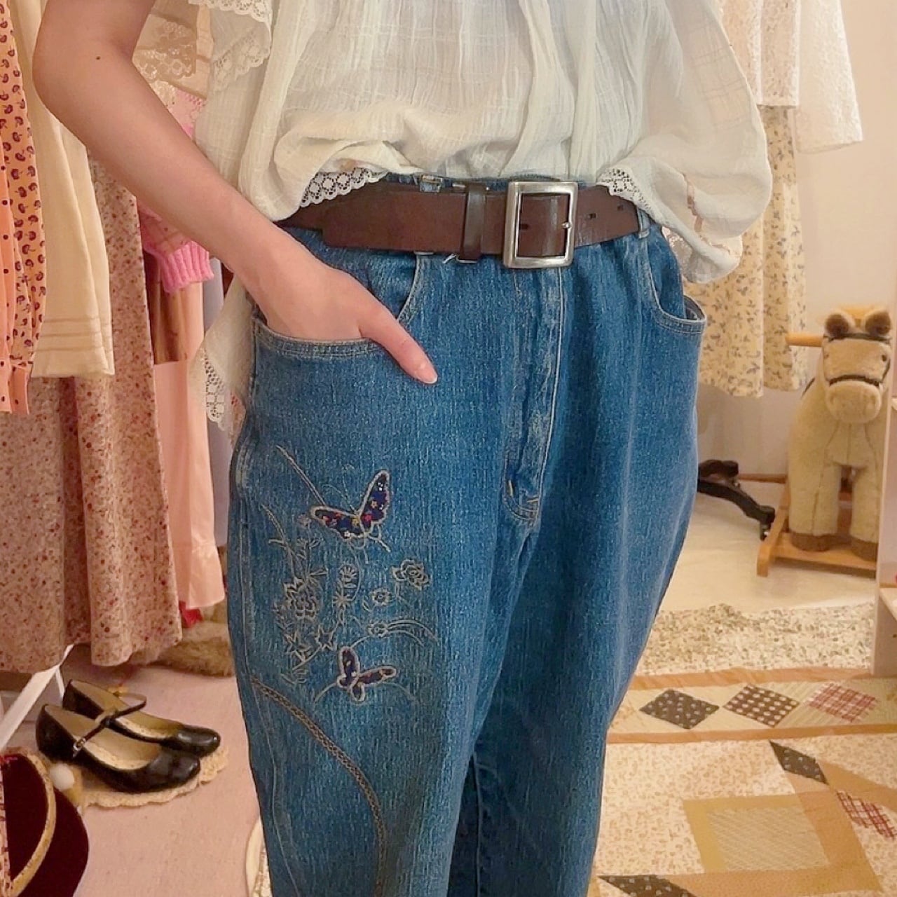 butterfly embroidery denim pants