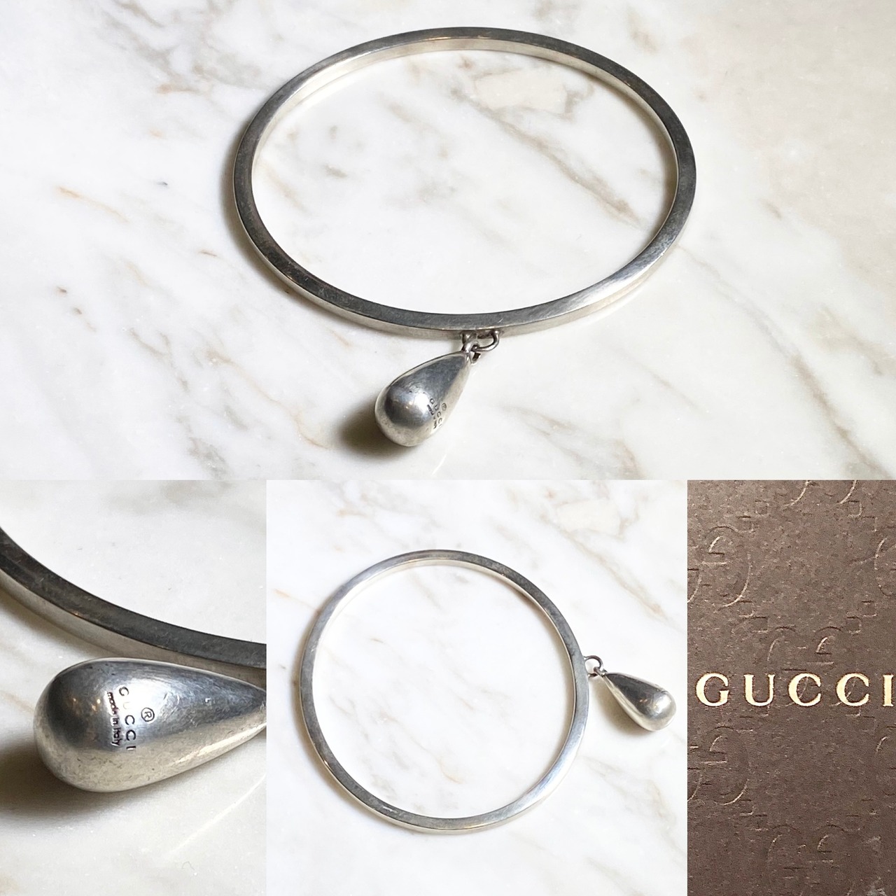 GUCCI silver narrow bangle with teardrop charm