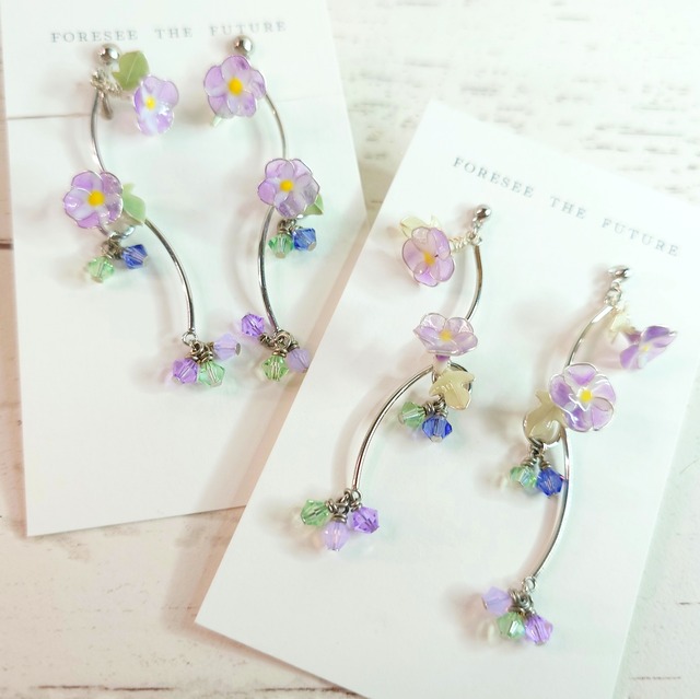 朝顔のイヤーアクセサリー【シルバータイプ】 ピアス/イヤリング/ディップレジン/ アメリカンフラワー/ワイヤー フラワー/ 花/ かわいい/お洒落 /