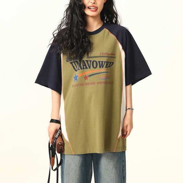配色切り替えロゴプリントTシャツ 2col   R00327