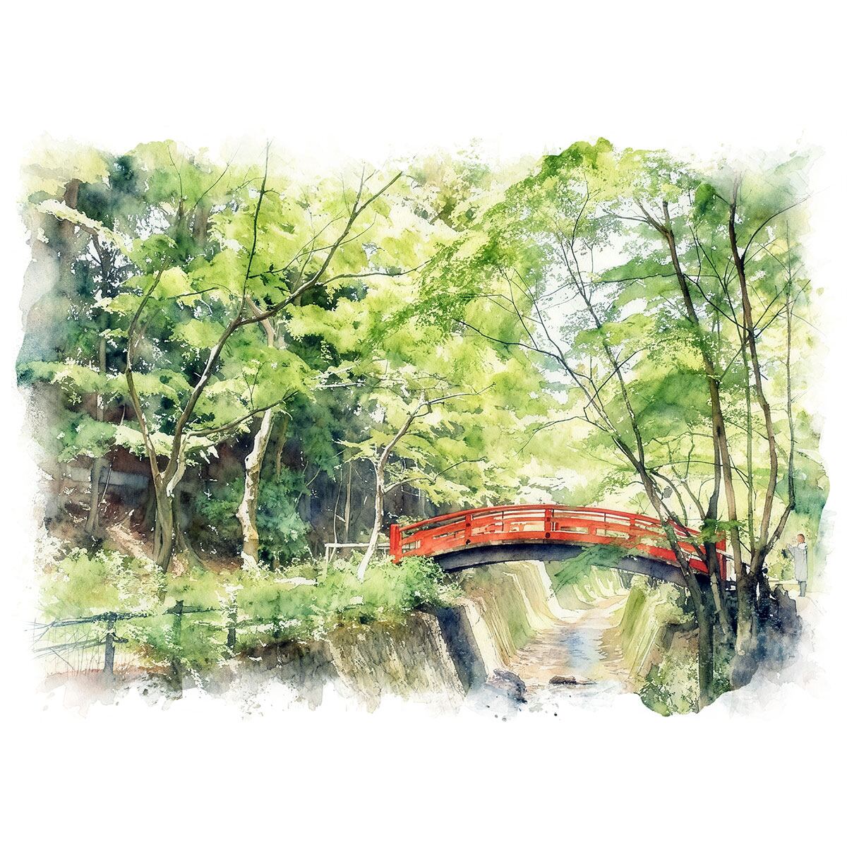 絵画 風景画 日本 京都府 北野天満宮もみじ苑 朱色の橋 インテリアアート額付き 水彩画風 WAT1743