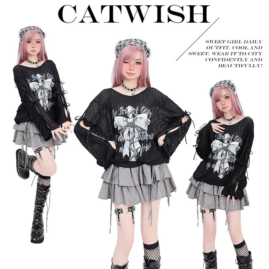 【即納M】 サブカル 服 地雷系 通販 甘辛MIX 長袖シャツ Catwish