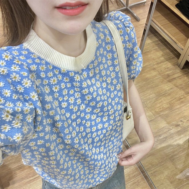 カットソー トップス 小花柄カットソー レディース 花柄シャツ 小花柄 半袖 ラウンドネック フラワー パフスリーブ 青 ブルー オシャレ きちんと感 可愛い キレイめ 上品 フェミニン カジュアル ボタニカル 春 夏 秋 冬 デイリー おでかけ オンオフ兼用 公園コーデ アウトドア 普段着 コンパクト スマート 細見え スタイルアップ 高見え 新鮮 上級者 主役級 鮮度アップ 動きやすい 軽やか ゆったり 体型カバー インスタ映え トレンド シャーベットカラー 大人可愛い エレガント ガーリー