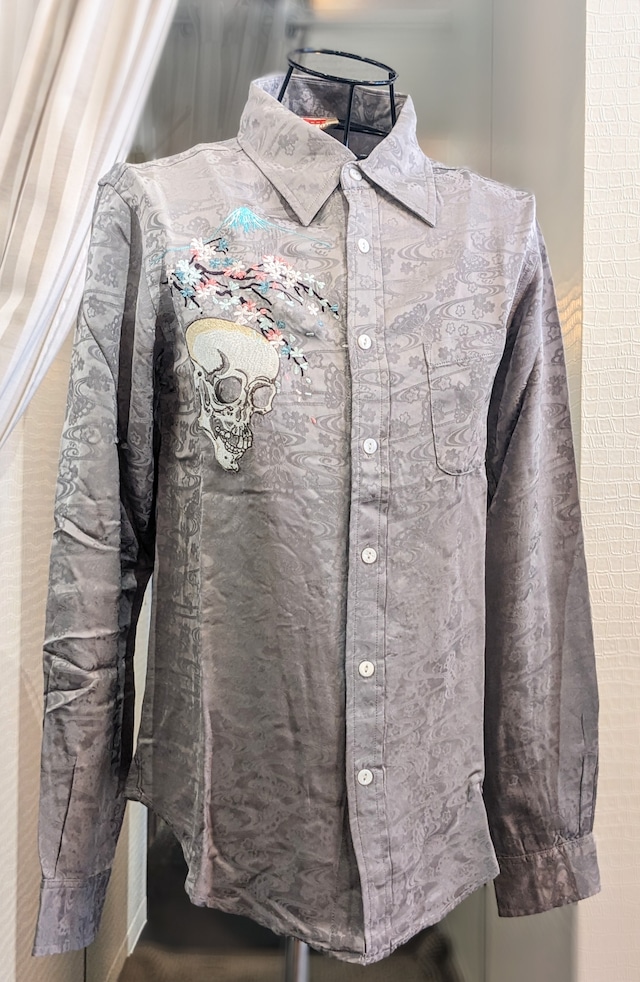 花旅楽団-新作長袖シャツ  SS-001　桜とがしゃ髑髏柄刺繍ジャガードシャツ  グレイ