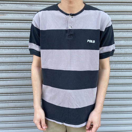 90s POLOSPORT ポロスポーツ ワイドボーダー柄ヘンリーネックTシャツ