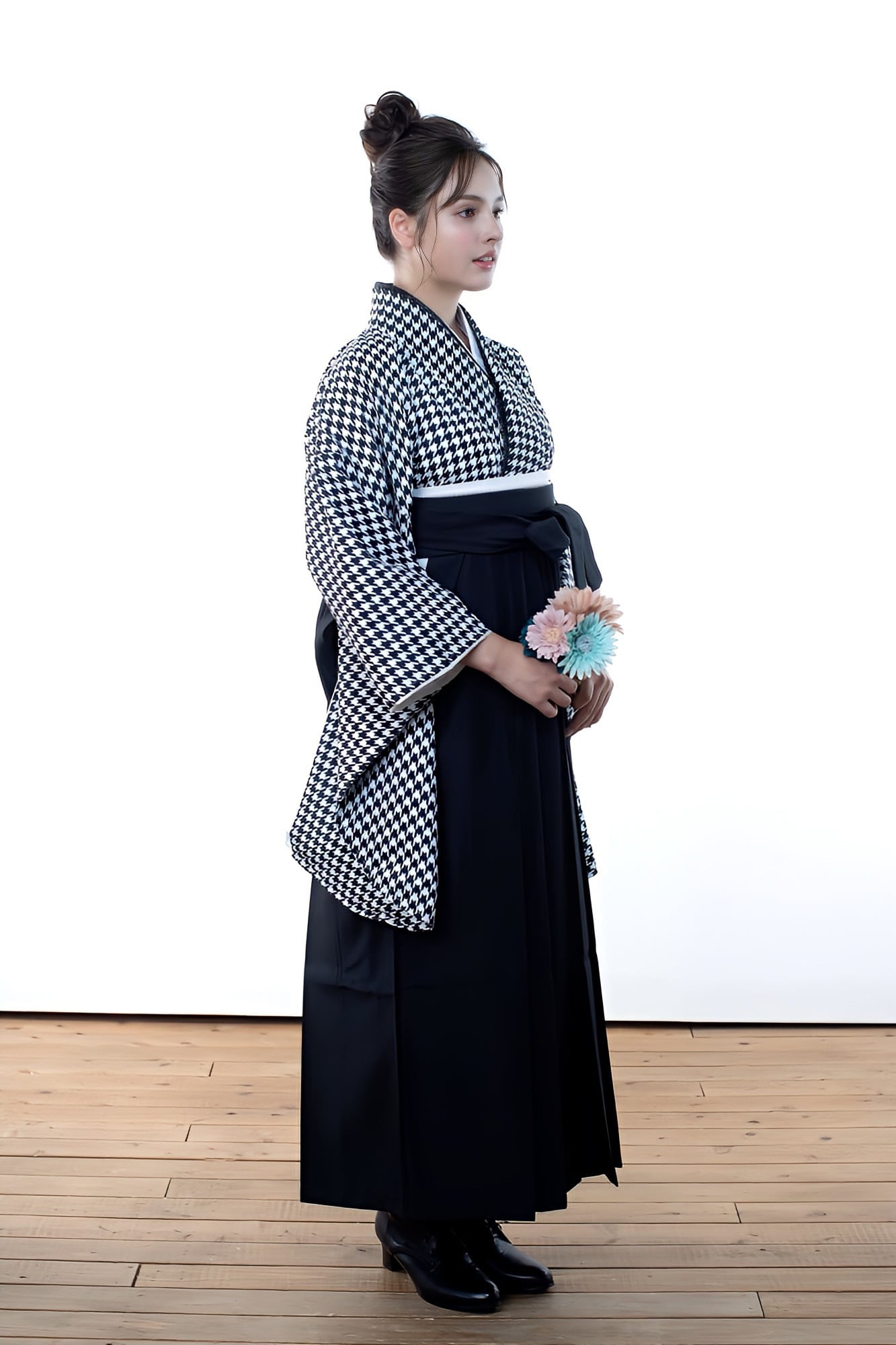 Kimono Sienne 卒業式袴3点セット 千鳥格子 黒 モノトーン 袴 二尺袖