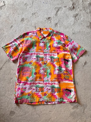 00s STUSSY/25th Anniversary/Chango TomTom Aloha Shirt/2005年/M/25周年記念/チャンゴトムトム/アロハシャツ/開襟/半袖シャツ/総柄/オレンジ/パ－プル/ステュ－シ－