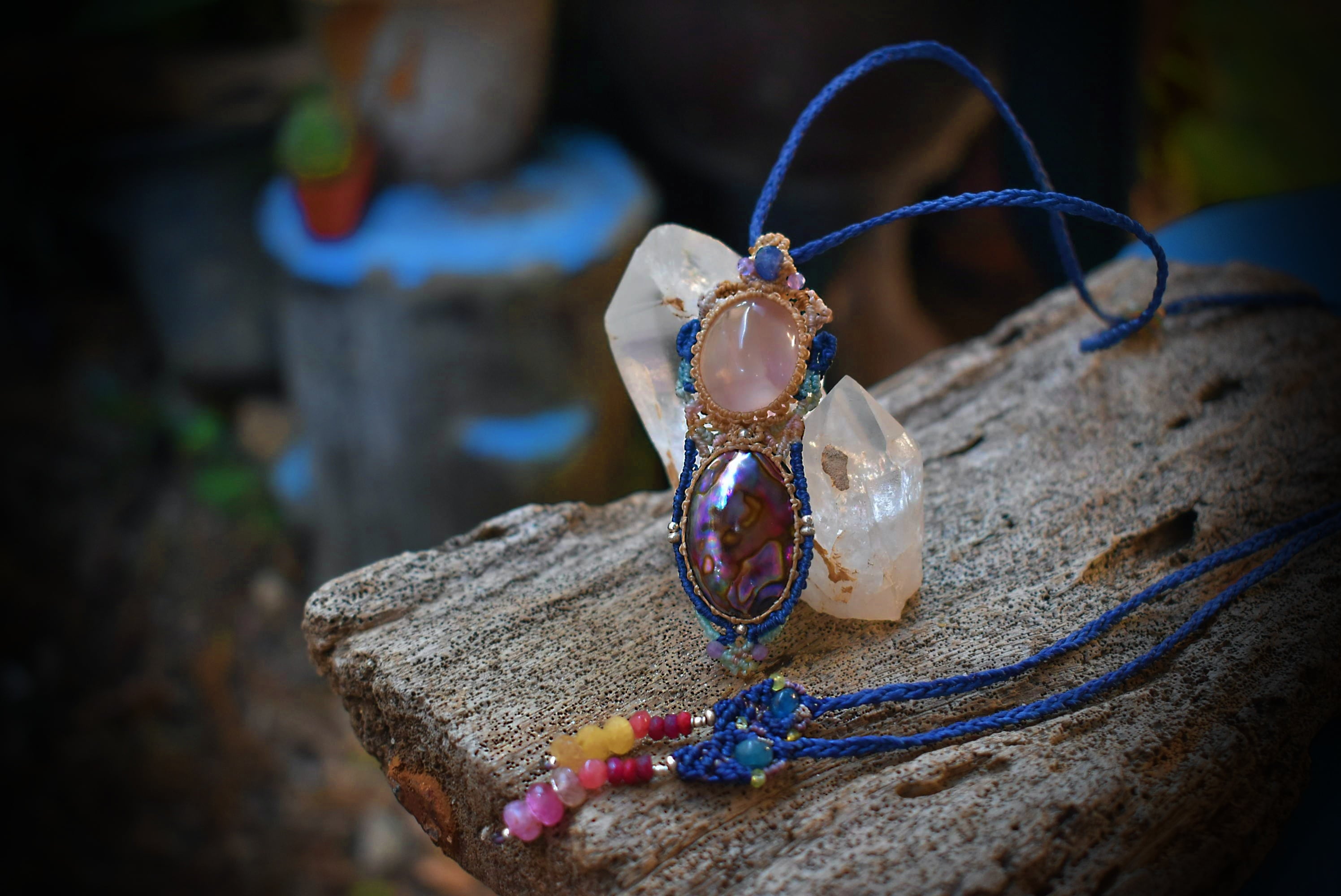 モルガナイト＆ムーンストーン＆バリサイト＆アクアマリンのマクラメ編みネックレス♡ モルガナイト＆ムーンストーン＆バリサイト＆アクアマリンの