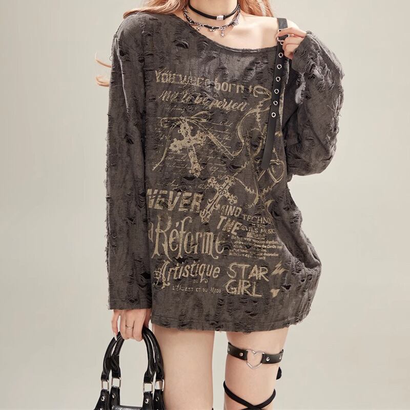 ロンT tシャツ 肩ベルト オフショルダー グレー グラフィックプリント