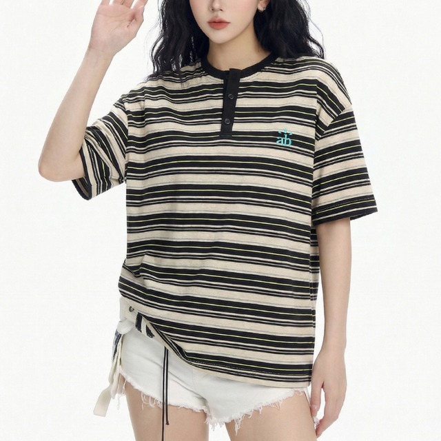 multi border henley neck short-sleeved tee　マルチボーダーヘンリーネック半袖ティー　J1846