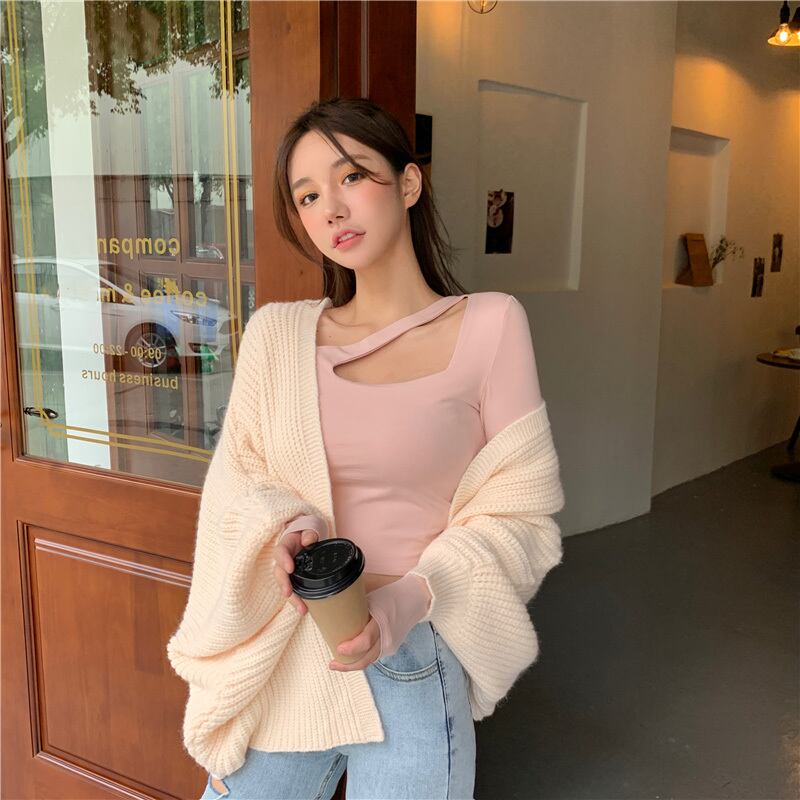 シャツ Tシャツ レディーススタイルホルタースリムショート長袖スリーブトップス ロング ピンク ウィンター 冬物 ブラックストロベリース41257583392