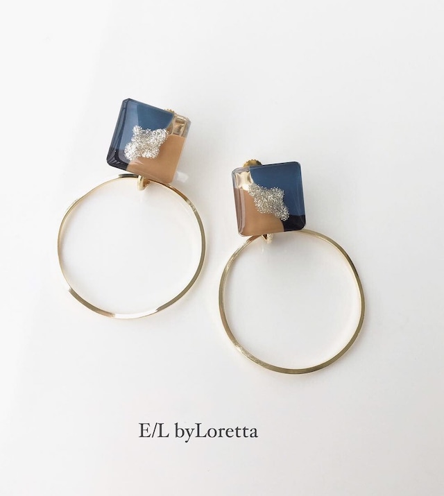 3color square hoop pierce/earring(Blue)