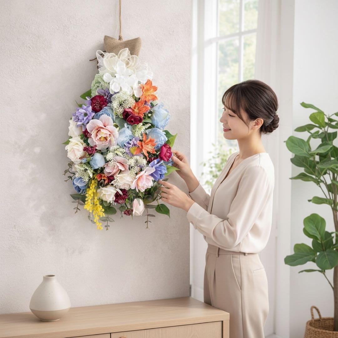 光触媒「蒼の祝福」特大スワッグ 67cm ブルーローズ 百合 ミモザ 豪華壁掛け 光触媒フラワー「蒼の祝福」特大スワッグ 67cm ブルーローズ 百合