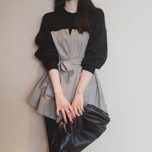 トップス レディース 送料無料 シャツ ブラウス クルーネック ニット ウエストマーク グレンチェック カットソー 異素材ミックス 長袖 襟付き ドッキング ベルト 重ね着 パフスリーブ ゆったり 抜け感 こなれ感 クール かっこいい 個性的 華やか 派手 無地 春 秋 冬 10代 20代 30代 40代 普段使い 重ね着 着回し おしゃれ お洒落 ラフ カジュアル 前開き ブラック 通気性 薄手 ワイド 存在感 モード系 S M L XL 大きいサイズ