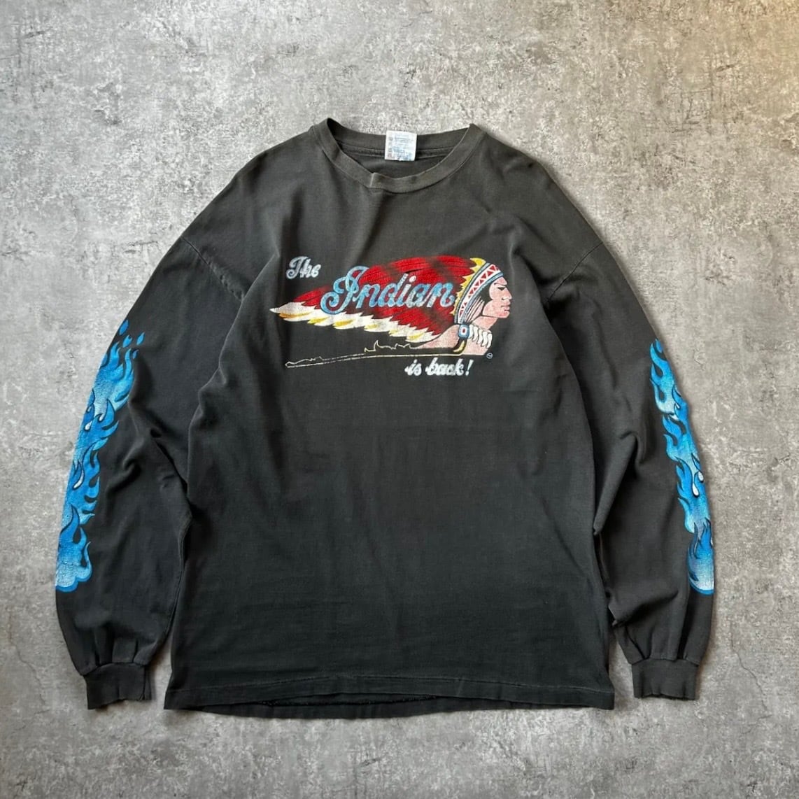 90s- インディアンモーターサイクル ロンt 墨黒 L 袖プリ ブルーフレイム 90s- インディアンモーターサイクル ロンt 墨黒 L 袖プリ ブルー