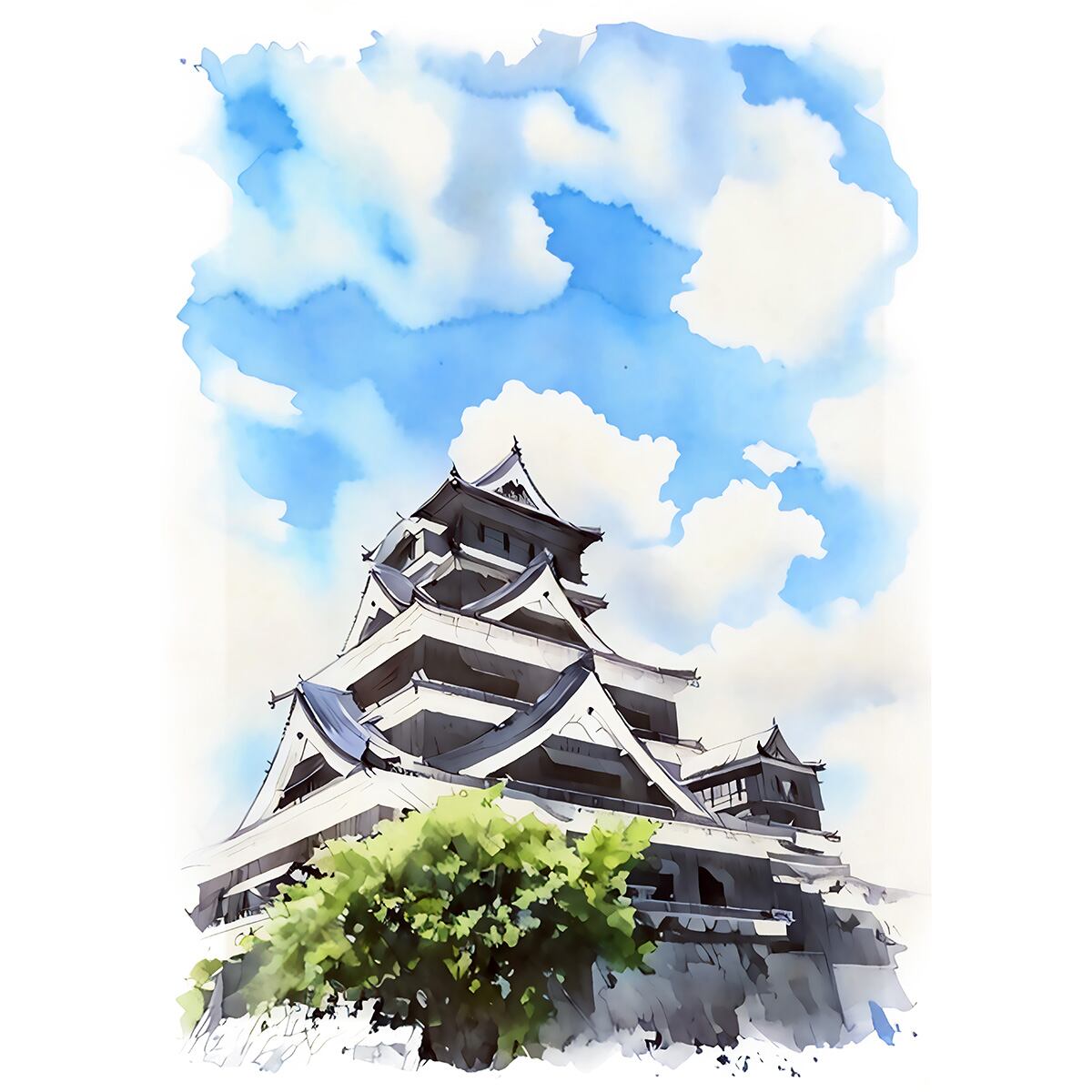 絵画(風景画) 日本の城 熊本県 熊本城 インテリアアート額付き 水彩画