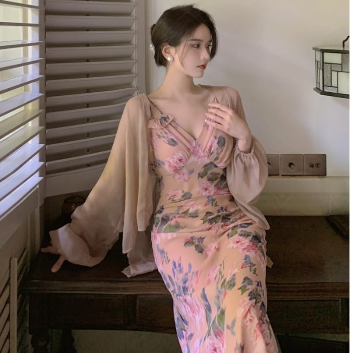 プリーツウェストスリムプリントシフォンドレス エレガント ドラファッションホール81290059462