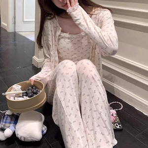 カーデ付きレーストリムリボン柄ルームウェア ・73706