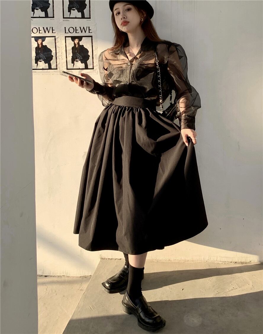 スカート ハイウェスト薄手スプリングブラックAライン 春物 ブラックストロベリース45871427390