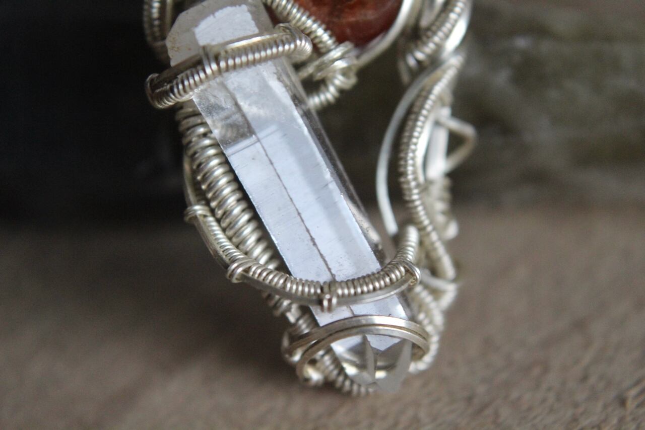 Sunstone & Crystal point  silver925 wire wrapping pendant